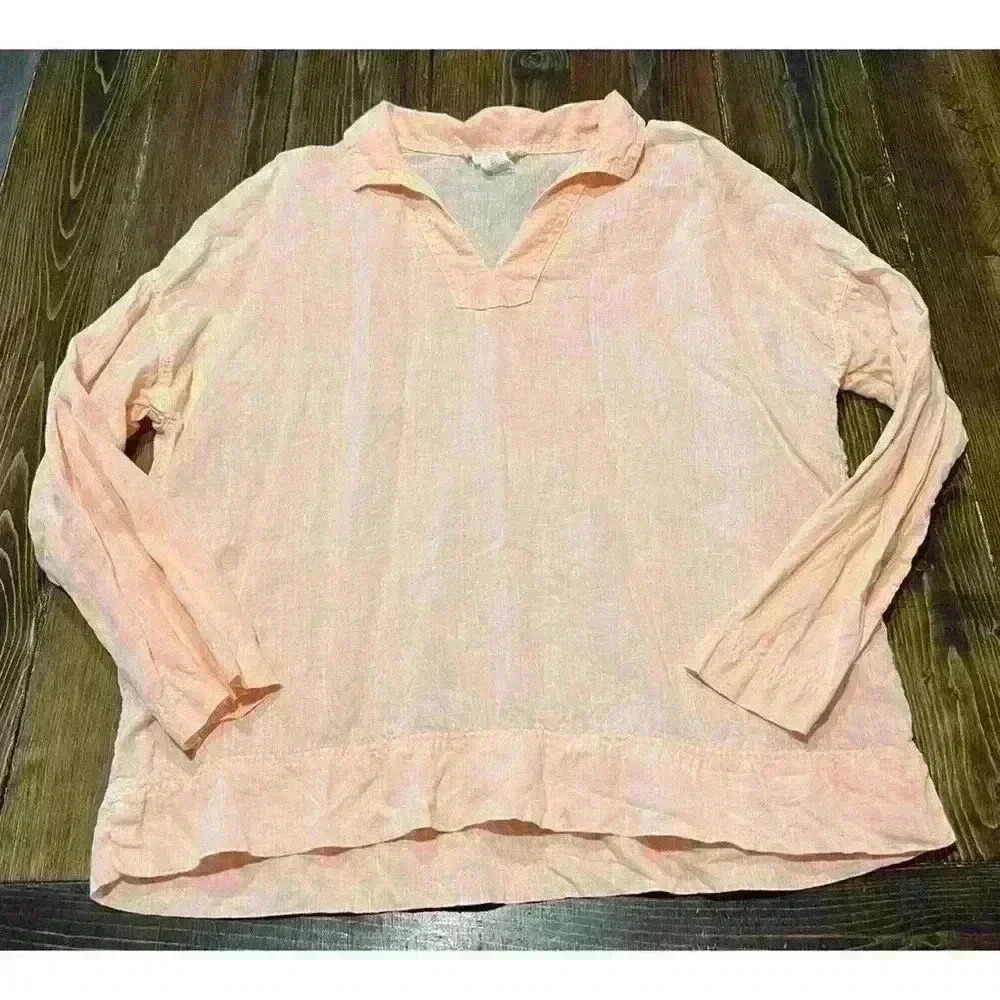 C&C California Long Sleeve Linen V-neck Collared Top Sz Large Orange